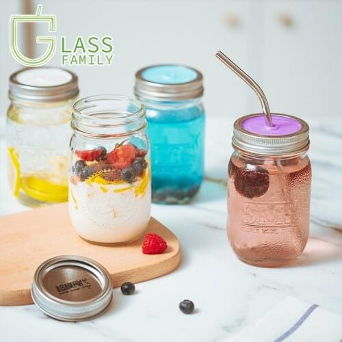 GF 480ml Glass Cup Mason Jar Beverage Drinking Bottle with Stainless Steel Straws and Wooden Spoon Set of 2 Wine Glasses Mugs