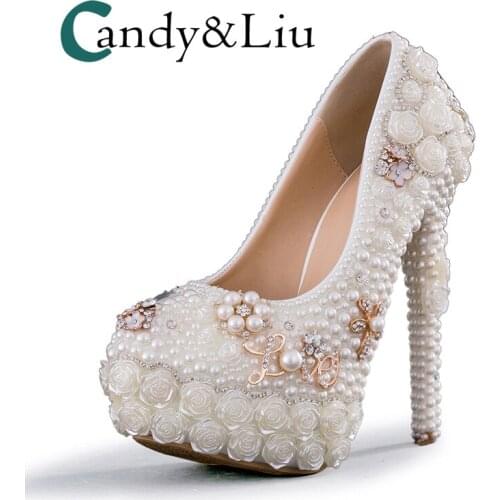 White Pearl Wedding Shoes Large Size Beaded Super High Heel Women Pumps with Platform for Party Banquet Evening Dress Bridesmaid