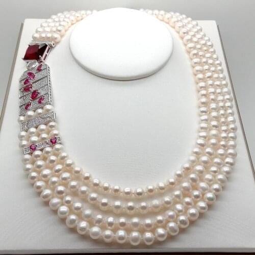 YYGEM 21-23'' 4 Strands cubic zirconia Pave big rectangle connector Cultured White round Freshwater Pearl choker Necklace