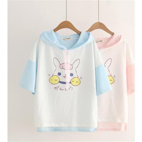 Women harajuku kawaii patchwork color T-shirts short sleeve hooded rabbit printed cotton ladies tops bunny shirt