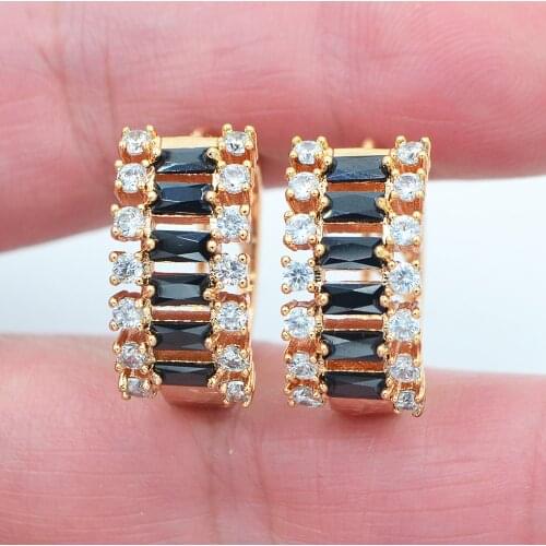 Gold Color Women Fashion Luxury Black Cubic Zirconia CZ Huggie Hoop Earrings Jewelry