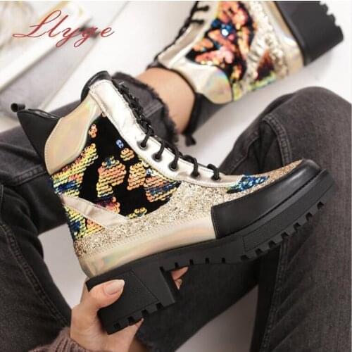 Womens Autumn Boots 2021 Thick Heels Sequins Shoes Lace Up Short Boots Ladies Mid Heels Non Slip Plus Size Female Ankle Boots