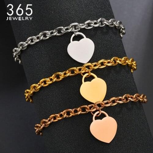 Stainless Steel Heart Bracelet Women Link Chain Gold Silver Love Pendant Bracelet Engrave Name Picture Wholesale