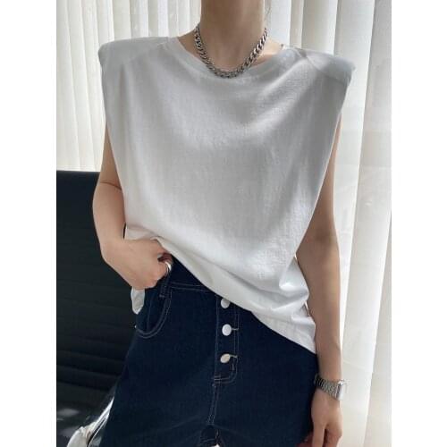 LMQ NEW 2021 Women Right Angle Shoulder Round Neck Vest Pullover Ins Wind Loose Shoulder Pad Sleeveless Cotton T-shirt Tops