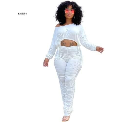 Women Solid Ruched Drawstring 2 Piece Set for Otufits One Shoulder Long Sleeve Crop Top and Stacked Skinny Pant Loungewear Suit