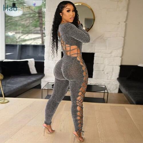 HAOYUAN Sexy Knitted Long Sleeve Jumpsuit Hollow Bandage Birthday Outfits for Women Plus Size Clothing One Piece Club Rompers