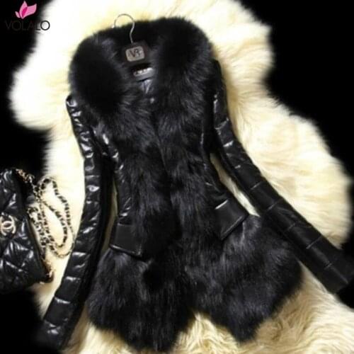 VOLALO New 2020 Winter Fur Coat Faux Fox Fur Fur Fox Fur Collar Long Leather Women Large Size Coat