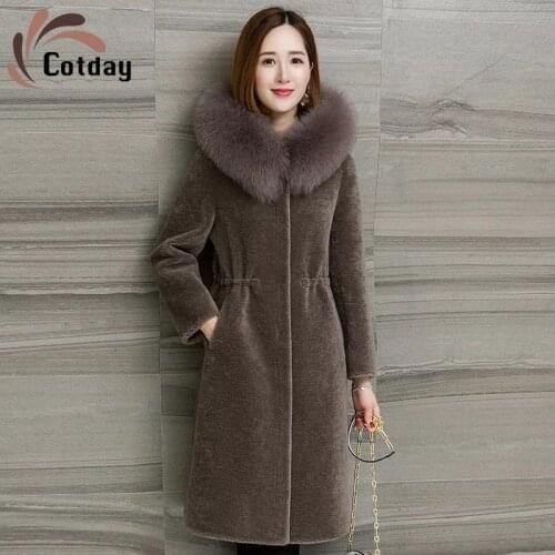 Cotday Office Lady Slim Fox Collar Sheep Shearer Coat Womens Middle Long 2021 Hooded Thin Fur One Piece Fur warm winter Coats