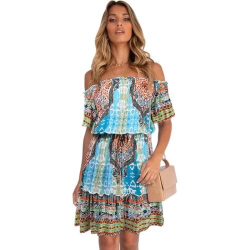 Beach Style Woman Dress Slash Neck Female Vestido Printing Summer Mini Bodycon Dress