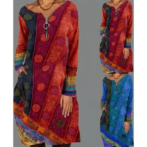 Women Vintage O Neck Long Sleeve Zipper Digital Ethnic Print Knee-length Dress