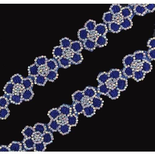 10Yard Artificial Beaded Blue Rhinestone Applique Trim Sewing Flower Crystal Rhinestone Patch Trimming For Girl Wedding