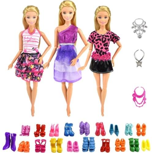 9 Item/set = 3 Pcs Doll Clothes Dress + 3 Pcs Plastic Necklace + Random 3 Pairs Shoes for Doll Supplies Accessories Girl Toys