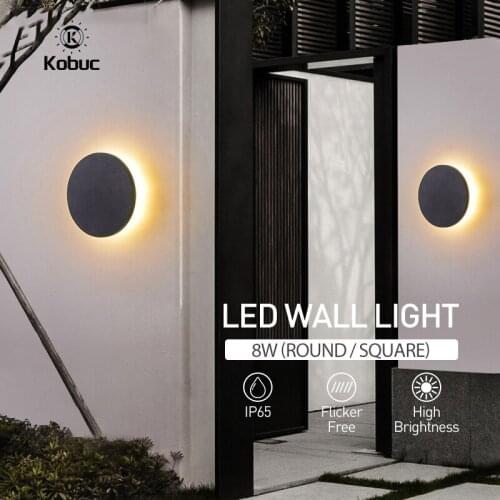 Kobuc Aluminium LED Wall Light Fixture Round Square Bright 8W Waterproof IP65 Garden Decorative Wall Light Porch Corridor Light
