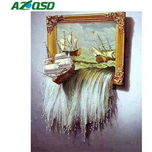 AZQSD Diamond Embroidery Boat Waterfall Mosaic Picture Of Rhinestone 5D DIY Diamond Painting Landscape Cross Stitch Home Decor