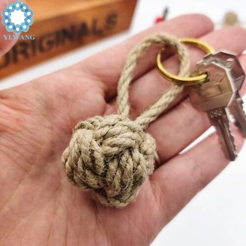 Handmade Jute Twine Key Chain Vintage Key Ring Natural Pendant Knit Braid Ball with Solid brass Split ring Free shipping