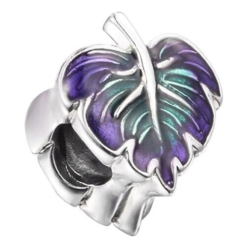 CKK Purple&Green Leaf Charms 925 Original Fit Pandora Bracelets Sterling Silver Beads for Jewelry Making Women DIY