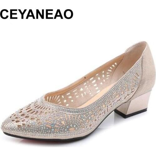 CEYANEAO new hollow microfiber leather rhinestone summer shoes women thick sandals with high heel sandals big size women sandals