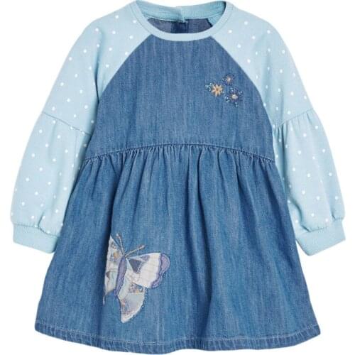 Little maven Autumn Winter Skirt Long Sleeve Girls Point Butterfly Denim Clothes Round Neck Children Casual Dresses 2-7years