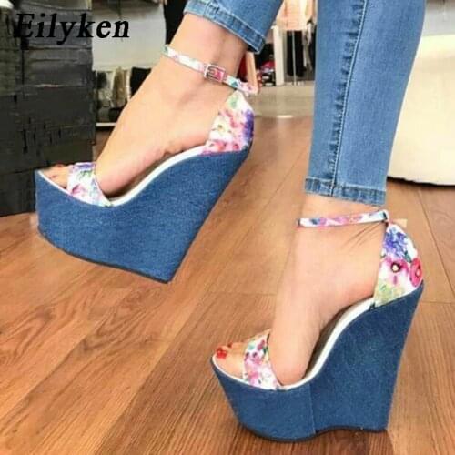 Eilyken 2021 New Summer Blue Floral Denim Sandals High Heel Platform Wedges Sexy Buckle Strap Female Women Sandals Size 35-40