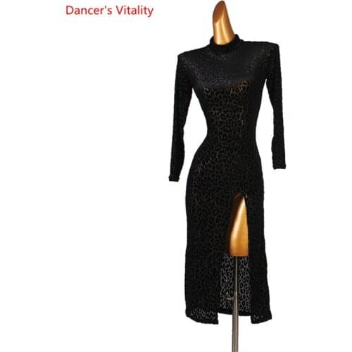 Latin Dance Female Adult Child Elegant Black Leopard Print Dress High-End Custom Long Sleeve Competition Performance Skirt