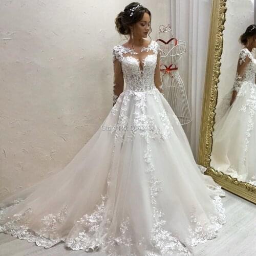 Elegant Lace Appliques Long Sleeve Wedding Dresses A-line Tulle Scoop Neckline Bridal Gowns Ivory vestido de mariage 2021