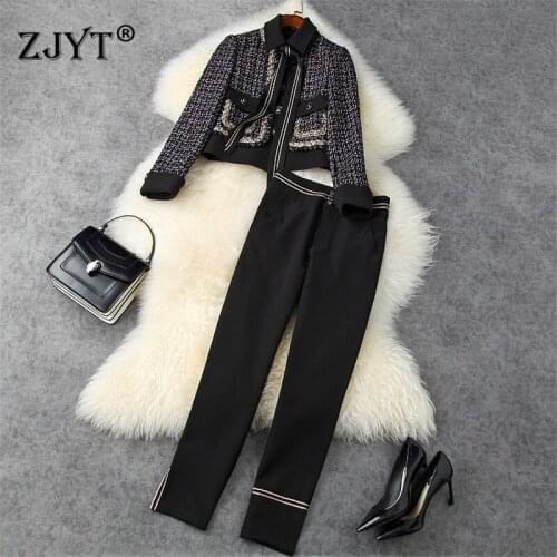 Elegant Fall Winter Womens Office Trousers Suit Fashion Designer Vintage Short Tweed Woolen Blazer Jacket and Pants 2 Piece Set