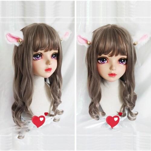 Miao10)Female Sweet Girl Resin Half Head Kigurumi BJD Eyes Crossdress Cosplay Japanese Anime Role Lolita Mask With Eyes And Wig