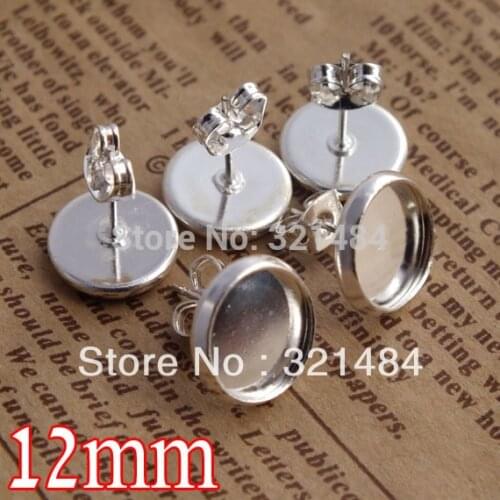 Wholesale 500piece silver plated 12mm earring blank bezel base post with butterfly backings jewelry findings accessories