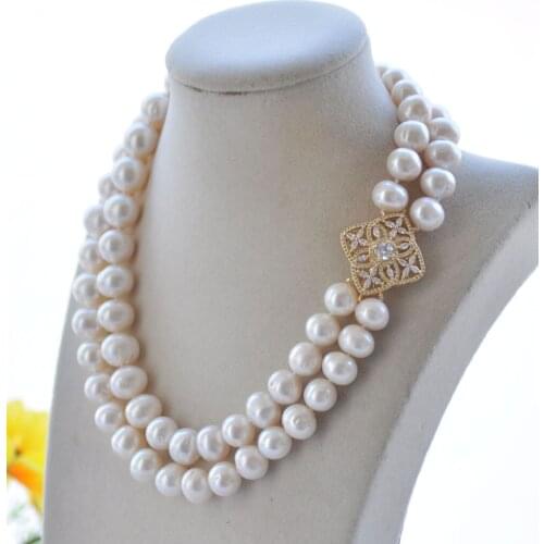 P7529 2Row 14mm Round White Freshwater Pearl Necklace CZ Button Choker Women jewelry