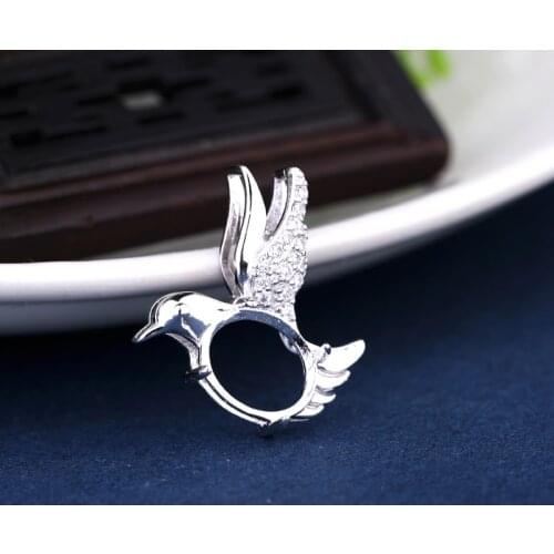 925 Sterling Silver Women Bird Pendant CZ Cubic Zirconia 8x9mm Oval Cabochon Semi Mount Pendant Gemstone Setting