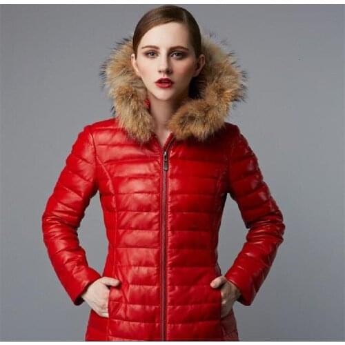 Factory Direct 2020 Women Fashion Black and Red Genuine Leather Down Jacket Real Sheepskin Slim Fit Lady Long Winter Coats