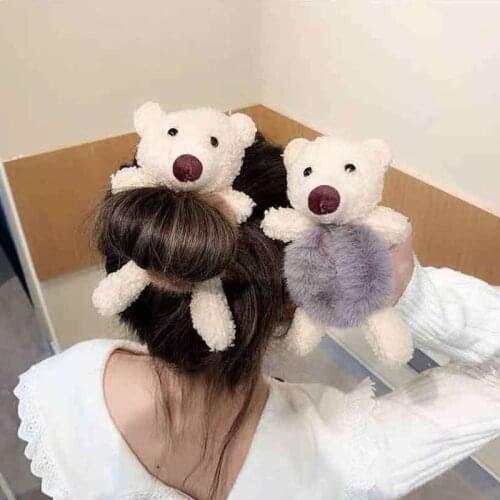 Women Girls Fluffy Faux Fur Ball Scrunchies Cute Cartoon 3D Teddy Bear Elastic Hair Rope Ties Pom Pom Ponytail Holder Hair Acces