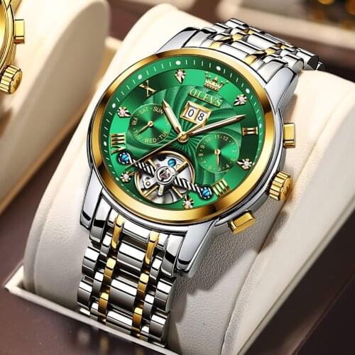 OLEVS Luxury Men Mechanical Watches Green Automatic Stianless Steel Waterproof Tourbillon watch Relógio masculino 9910 Gifts
