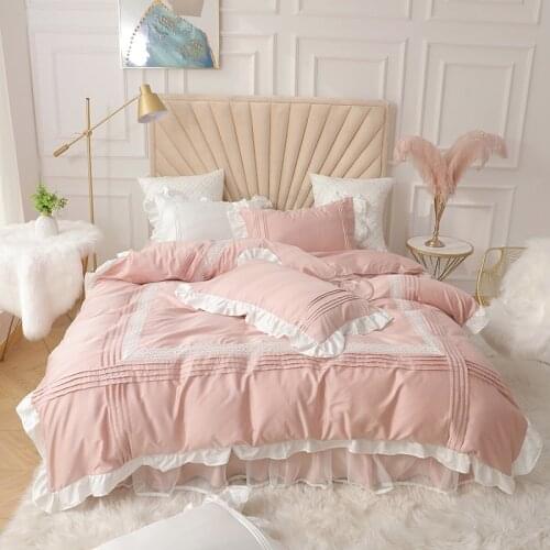 Luxury Princess style 100% cotton Bedding set ruffles Duvet cover bedskirt Pillowcases 4pcs for girls bed set