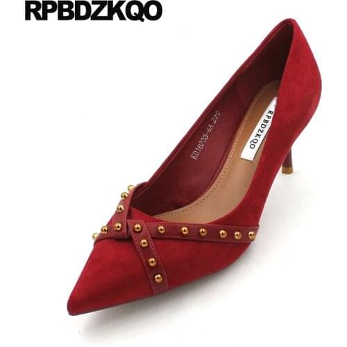 Stud pumps ladies modern thin size 4 34 designer scarpin stiletto black 2019 elegant women shoes red pointed toe rivet suede