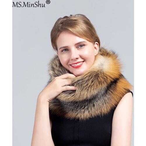 MS.MinShu Real Fox Fur Scarf Natural Fox Skin Round Neck Collar Thick Fur Warmer Whole Fox Skin Scarf