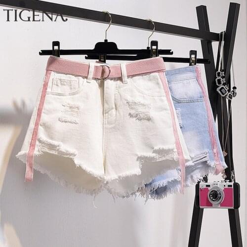 TIGENA Cute Summer Denim Shorts For Women with Belt Pocket 2021 High Waist Ripped jeans Shorts Female Short Pants