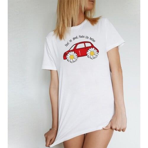 BLINGPAW Minimalist Women Graphics T-shirt Daisy Beetle Car Short-sleeved Tops Tees O-Neck Casual Girls Large Size 100% Cotton
