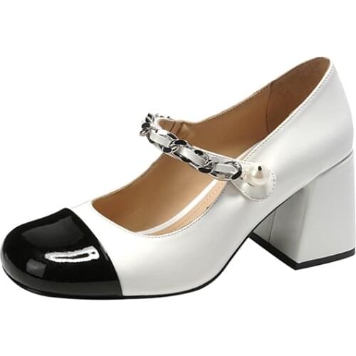 Chain Pearl White Heels Patent Leather Vintage Mary Shoes Low-heel Big Head Buckle Ballet Shoes Mixed Color Crude Heel Womens