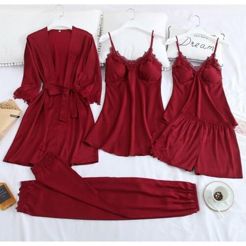 Sexy Print Bride Wedding Robe Set Soft Sleepwear 5PCS Women Summer Satin Nightwear Bathrobe Homewear Sleep Set Short Nightdress