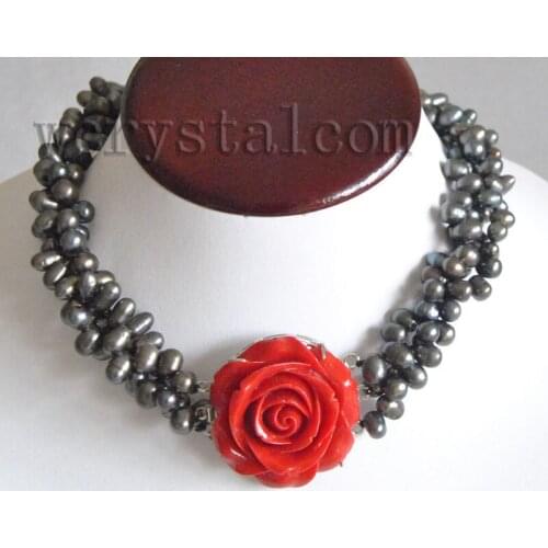 3 Strand Black Freshwater Pearl Red Rose Flower Clasp Necklace for Woman