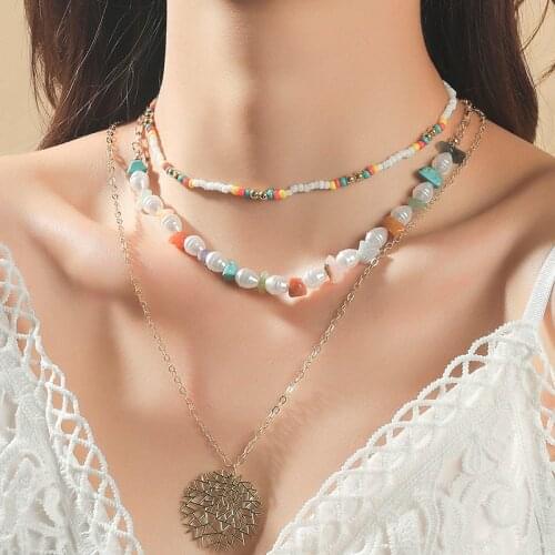 3 Pcs/Set Boho Natural Stone Pearl White Glass Beads Handmade Beaded Necklaces For Women Gold Chain Iron Sheet Pendant Necklace