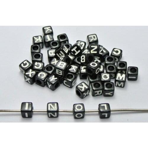 200 Black Assorted Alphabet Letter Cube Beads 7X7mm