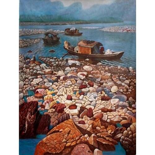 Free shipping Mediterranean sea colored stones boat oil painting canvas painting prints on canvas wall art decoration pictures