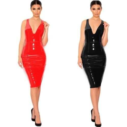 Red Black Faux Leather Bodycon Dresses Plus Size Woman Autumn Winter Sexy Deep V Knee-Length Dress 6XL Female Vestidos Clubwear