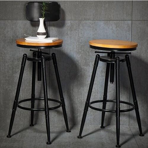 Height Adjustable Swivel Bar Chair Rotary Wood High Foot Stool Iron Back Bar Stool Table Cafe Dining Chair Industrial Furniture
