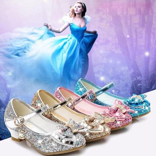 Kids Leather Shoes for Girls Casual Glitter Princess Children High Heel Girls Shoes Butterfly Knot Blue Pink Silver