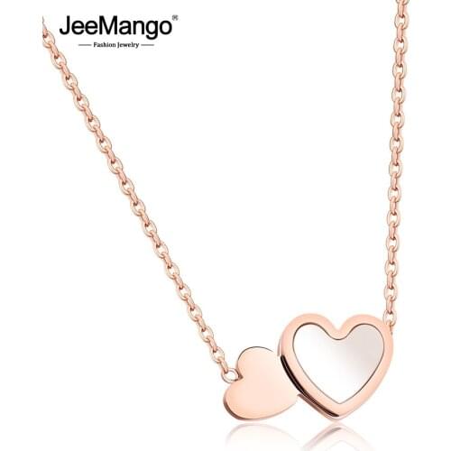 JeeMango Stainless Steel Sweet Shell Love Double Heart Pendant Necklaces Rose Gold Wedding Neckalce For Women Gift JN17068