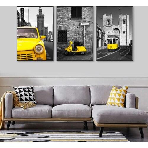 European Landscape Canvas Painting Black and White Yellow Car Poster Modern Scenery Wall Art Pictures for Living Room Home Decor