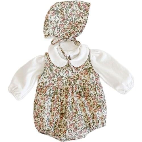 3PCS Newborn Baby Girl Clothes Set White Cotton Solid Long Sleeve T-shirt+Floral Sleeveless Bodysuit+Hat Infant Clothing Outfits